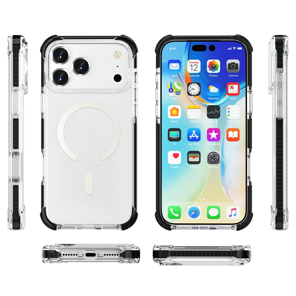 For iPhone 17 Pro Max Case Compatible with MagSafe Reinforced Corners TPU + Acrylic + TPE Phone Cover - Clear + Black