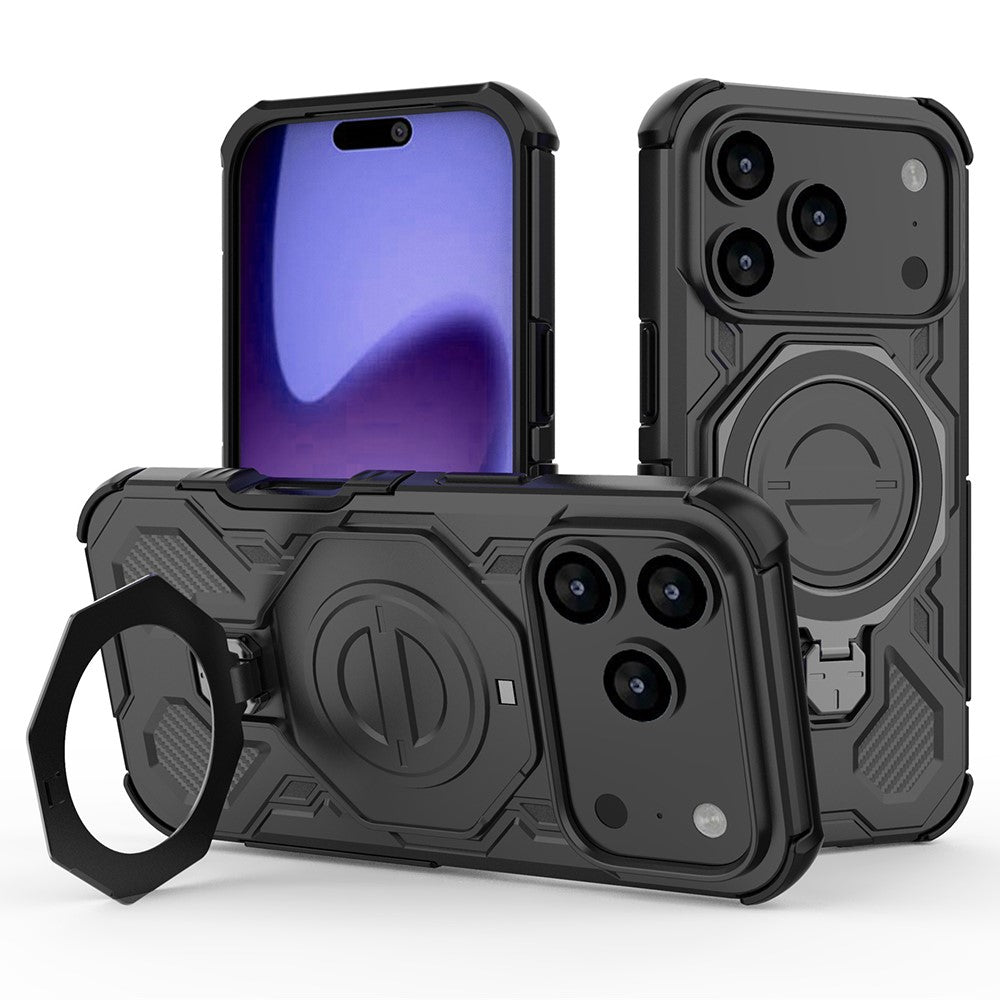 For iPhone 17 Pro Max Magnetic Case Rotating Metal Kickstand Shockproof PC + TPU Phone Back Cover - Black