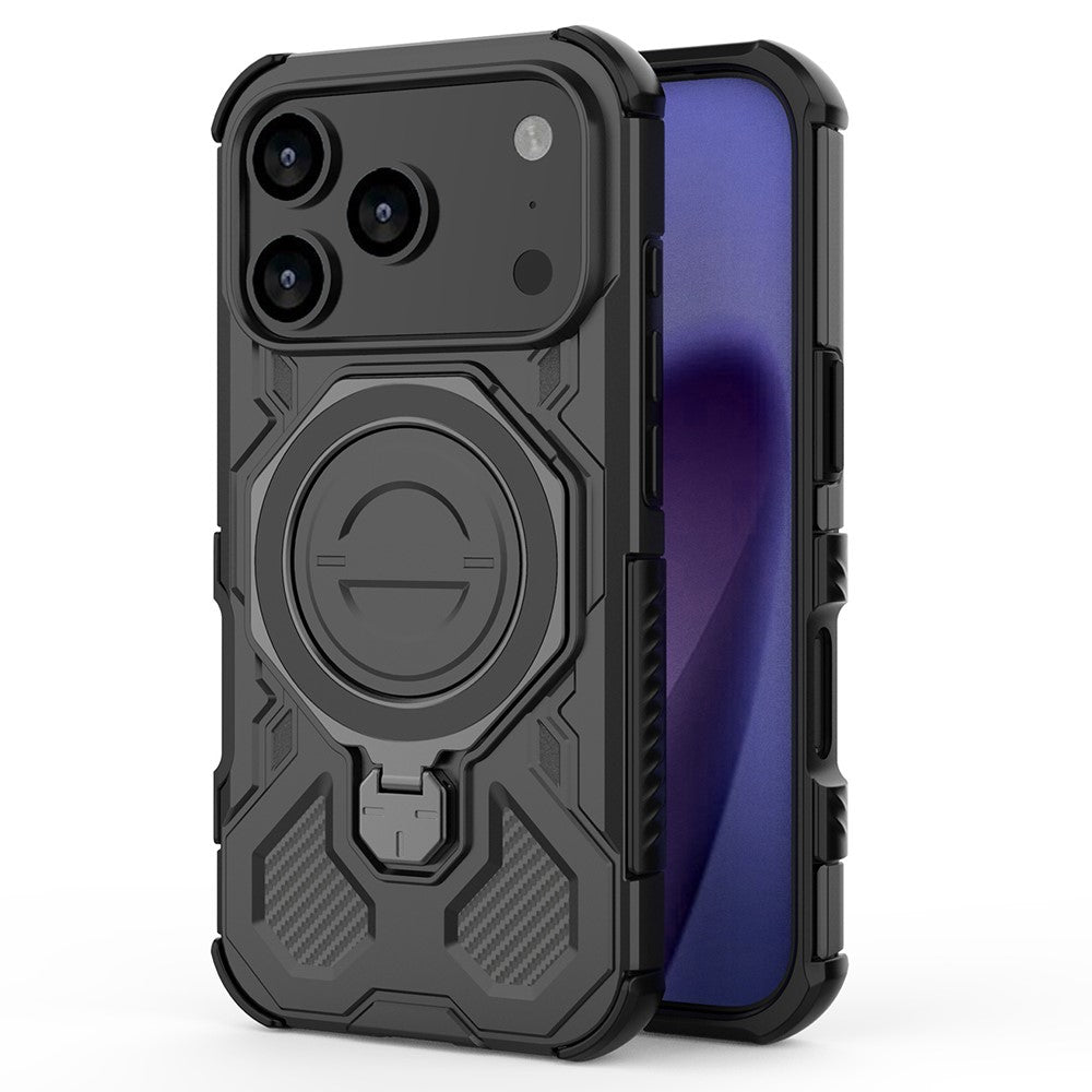 For iPhone 17 Pro Max Magnetic Case Rotating Metal Kickstand Shockproof PC + TPU Phone Back Cover - Black