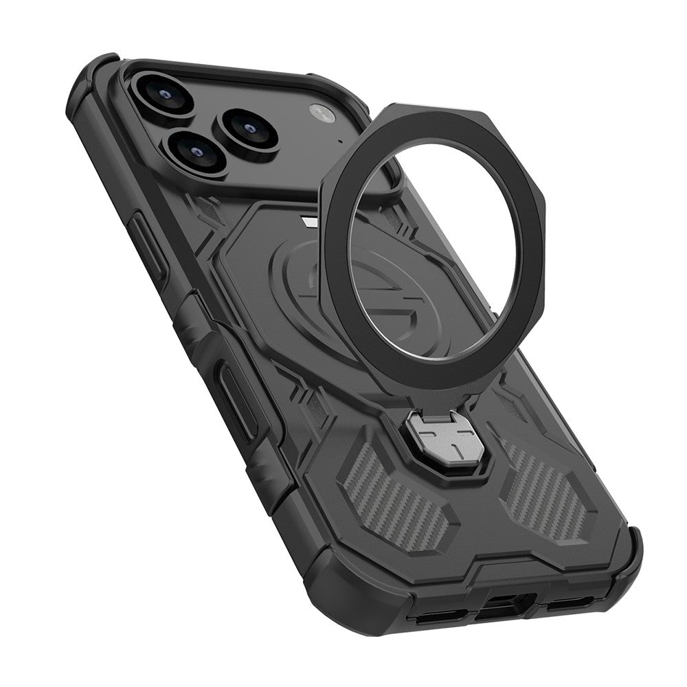 For iPhone 17 Pro Max Magnetic Case Rotating Metal Kickstand Shockproof PC + TPU Phone Back Cover - Black