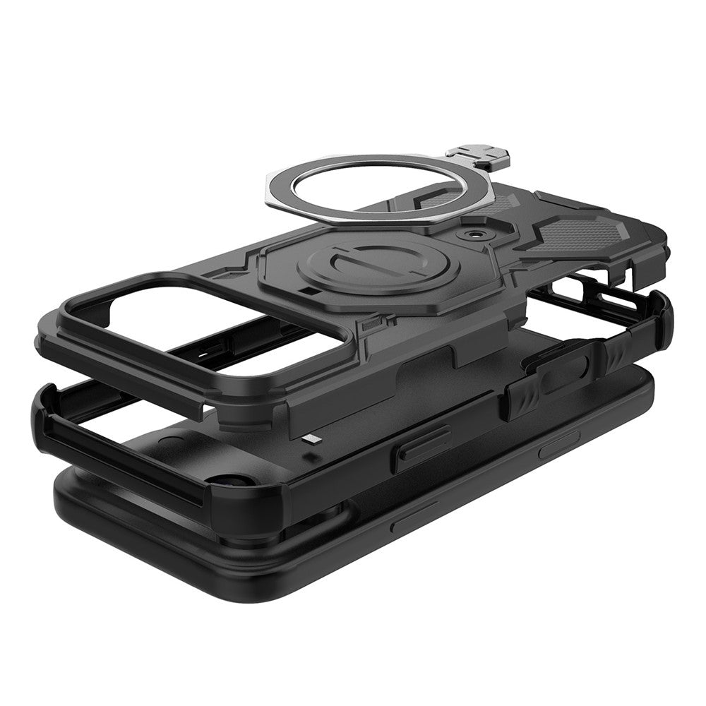 For iPhone 17 Pro Max Magnetic Case Rotating Metal Kickstand Shockproof PC + TPU Phone Back Cover - Black
