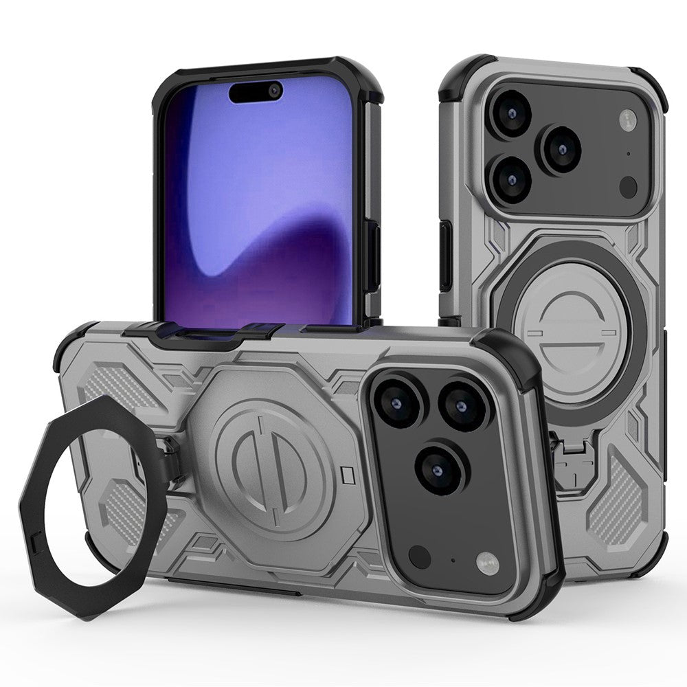 For iPhone 17 Pro Max Magnetic Case Rotating Metal Kickstand Shockproof PC + TPU Phone Back Cover - Grey
