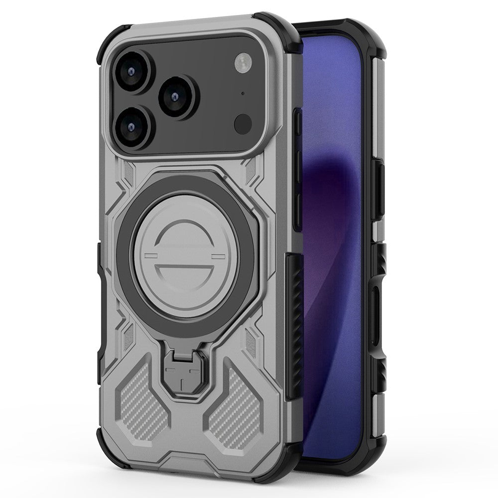 For iPhone 17 Pro Max Magnetic Case Rotating Metal Kickstand Shockproof PC + TPU Phone Back Cover - Grey