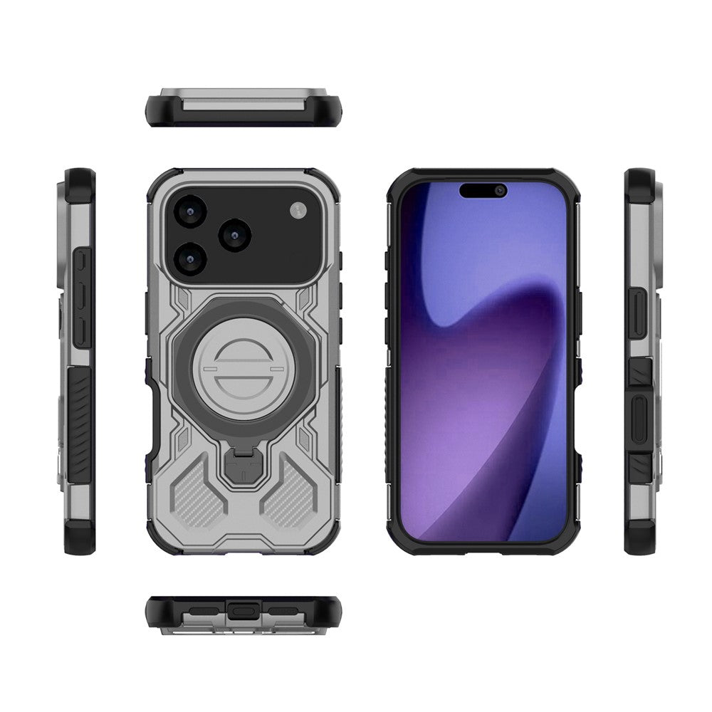 For iPhone 17 Pro Max Magnetic Case Rotating Metal Kickstand Shockproof PC + TPU Phone Back Cover - Grey