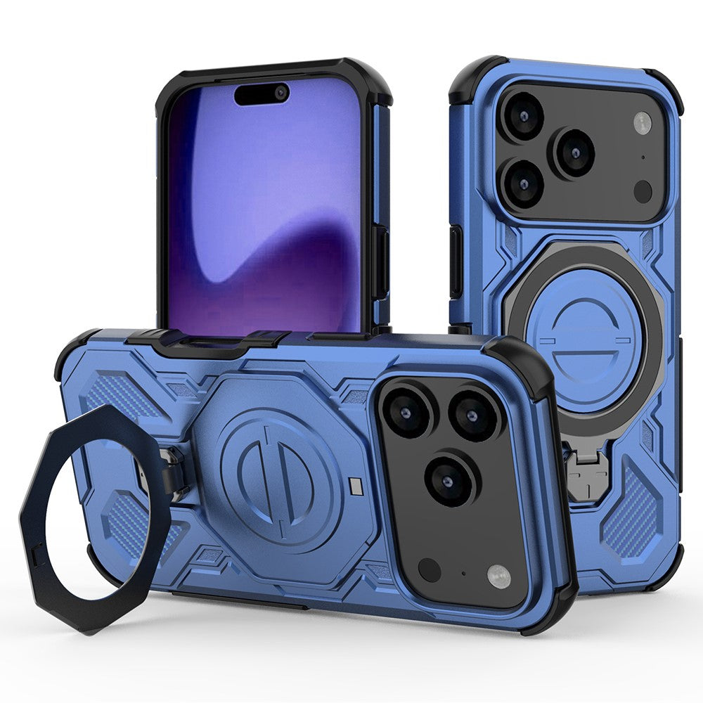 For iPhone 17 Pro Max Magnetic Case Rotating Metal Kickstand Shockproof PC + TPU Phone Back Cover - Dark Blue