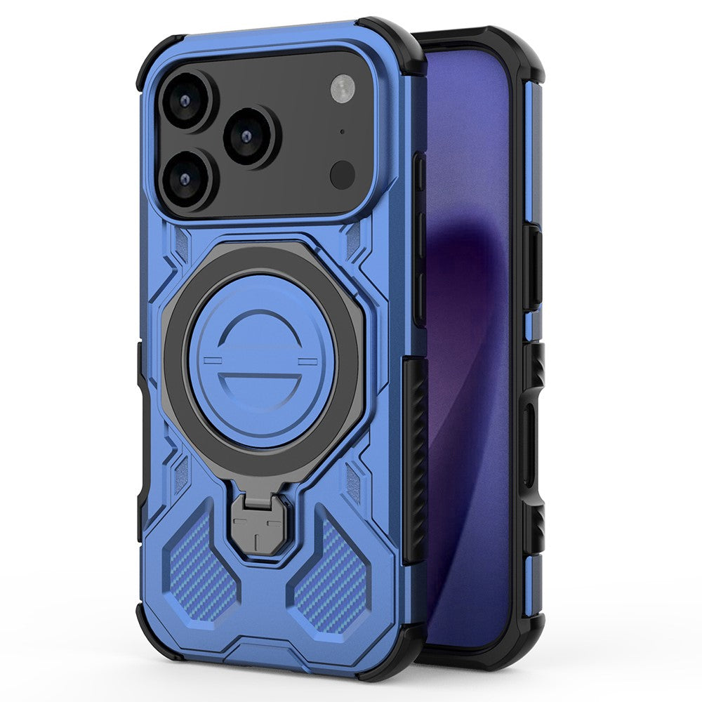 For iPhone 17 Pro Max Magnetic Case Rotating Metal Kickstand Shockproof PC + TPU Phone Back Cover - Dark Blue