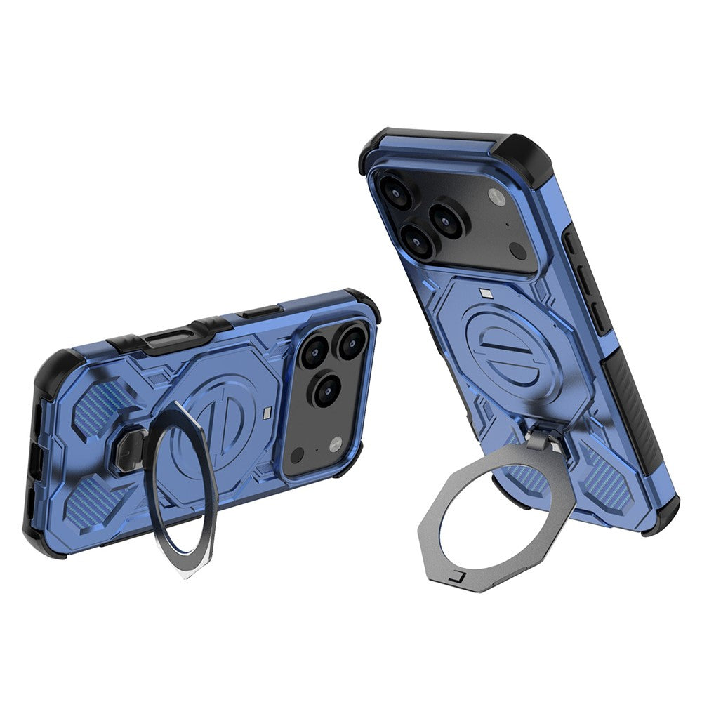For iPhone 17 Pro Max Magnetic Case Rotating Metal Kickstand Shockproof PC + TPU Phone Back Cover - Dark Blue