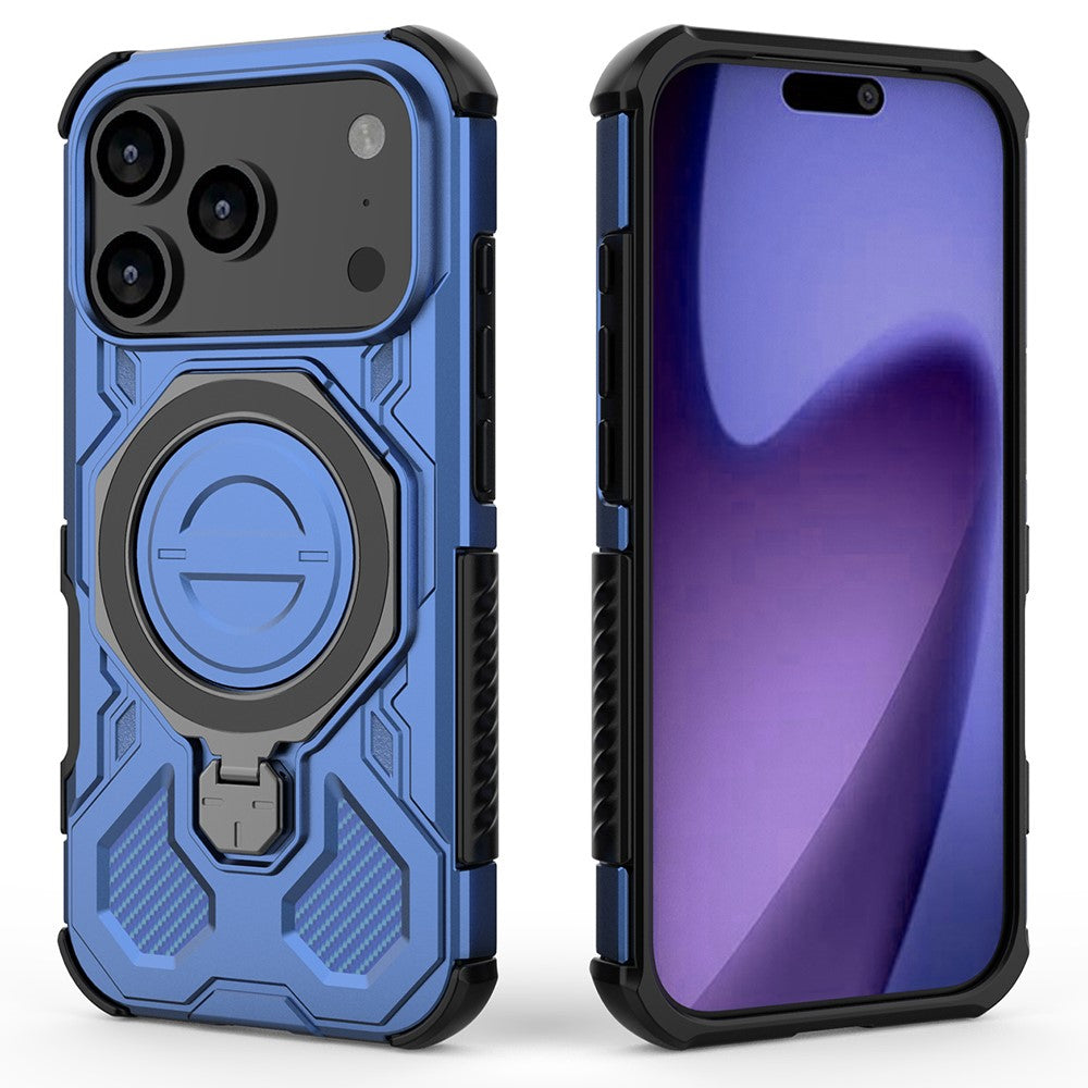 For iPhone 17 Pro Max Magnetic Case Rotating Metal Kickstand Shockproof PC + TPU Phone Back Cover - Dark Blue