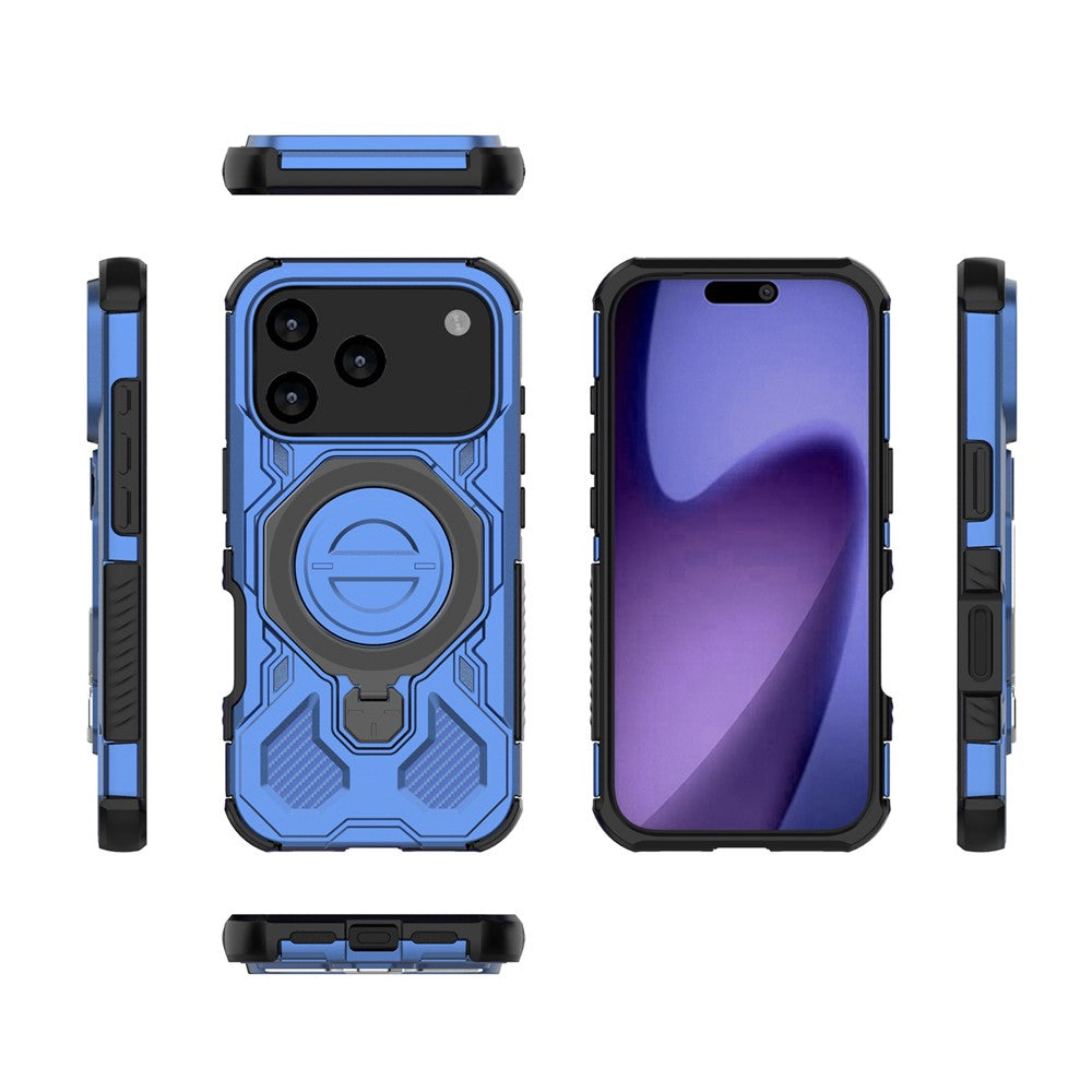For iPhone 17 Pro Max Magnetic Case Rotating Metal Kickstand Shockproof PC + TPU Phone Back Cover - Dark Blue