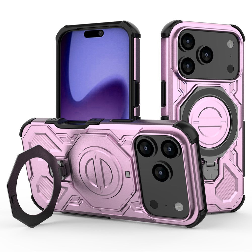 For iPhone 17 Pro Max Magnetic Case Rotating Metal Kickstand Shockproof PC + TPU Phone Back Cover - Pink