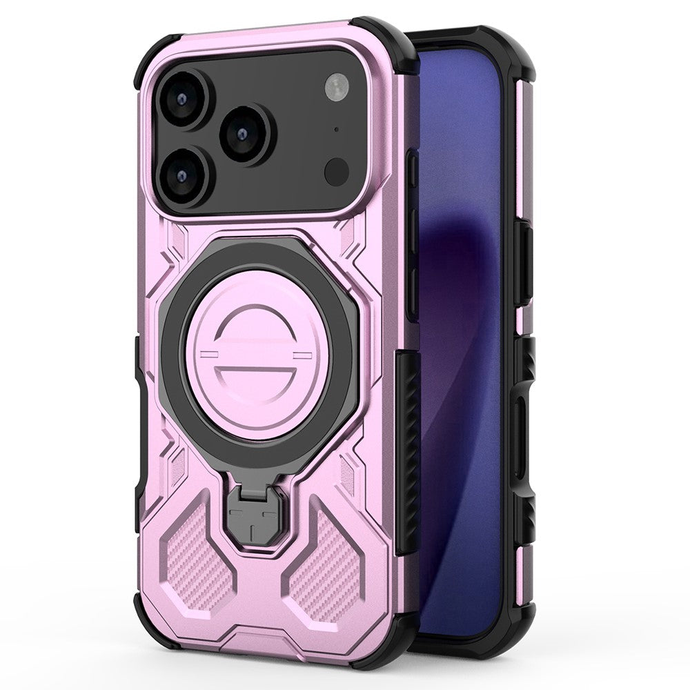 For iPhone 17 Pro Max Magnetic Case Rotating Metal Kickstand Shockproof PC + TPU Phone Back Cover - Pink