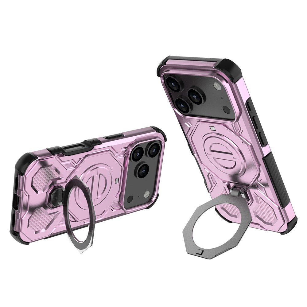 For iPhone 17 Pro Max Magnetic Case Rotating Metal Kickstand Shockproof PC + TPU Phone Back Cover - Pink