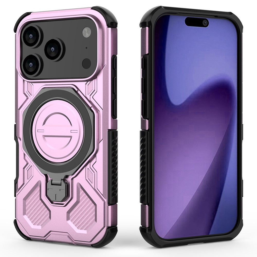 For iPhone 17 Pro Max Magnetic Case Rotating Metal Kickstand Shockproof PC + TPU Phone Back Cover - Pink