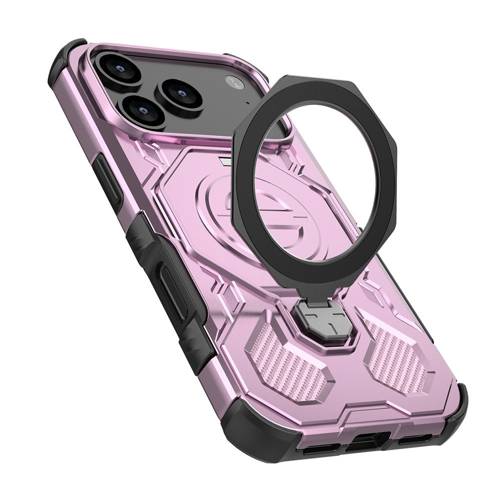 For iPhone 17 Pro Max Magnetic Case Rotating Metal Kickstand Shockproof PC + TPU Phone Back Cover - Pink