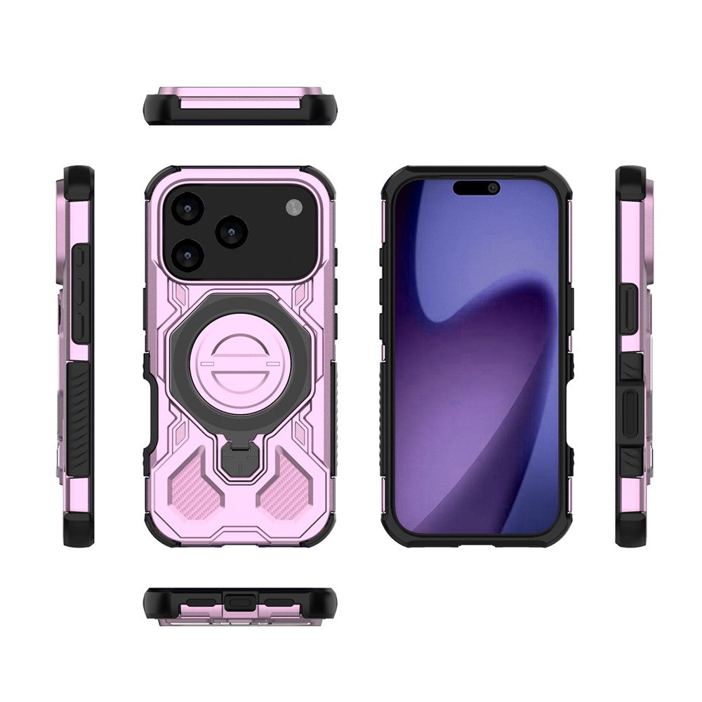 For iPhone 17 Pro Max Magnetic Case Rotating Metal Kickstand Shockproof PC + TPU Phone Back Cover - Pink