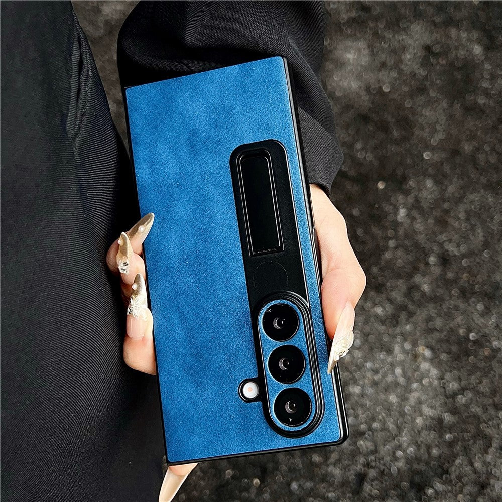 For Samsung Galaxy Z Fold7 5G Case Kickstand Leather Coated PC Folding Phone Cover - Blue