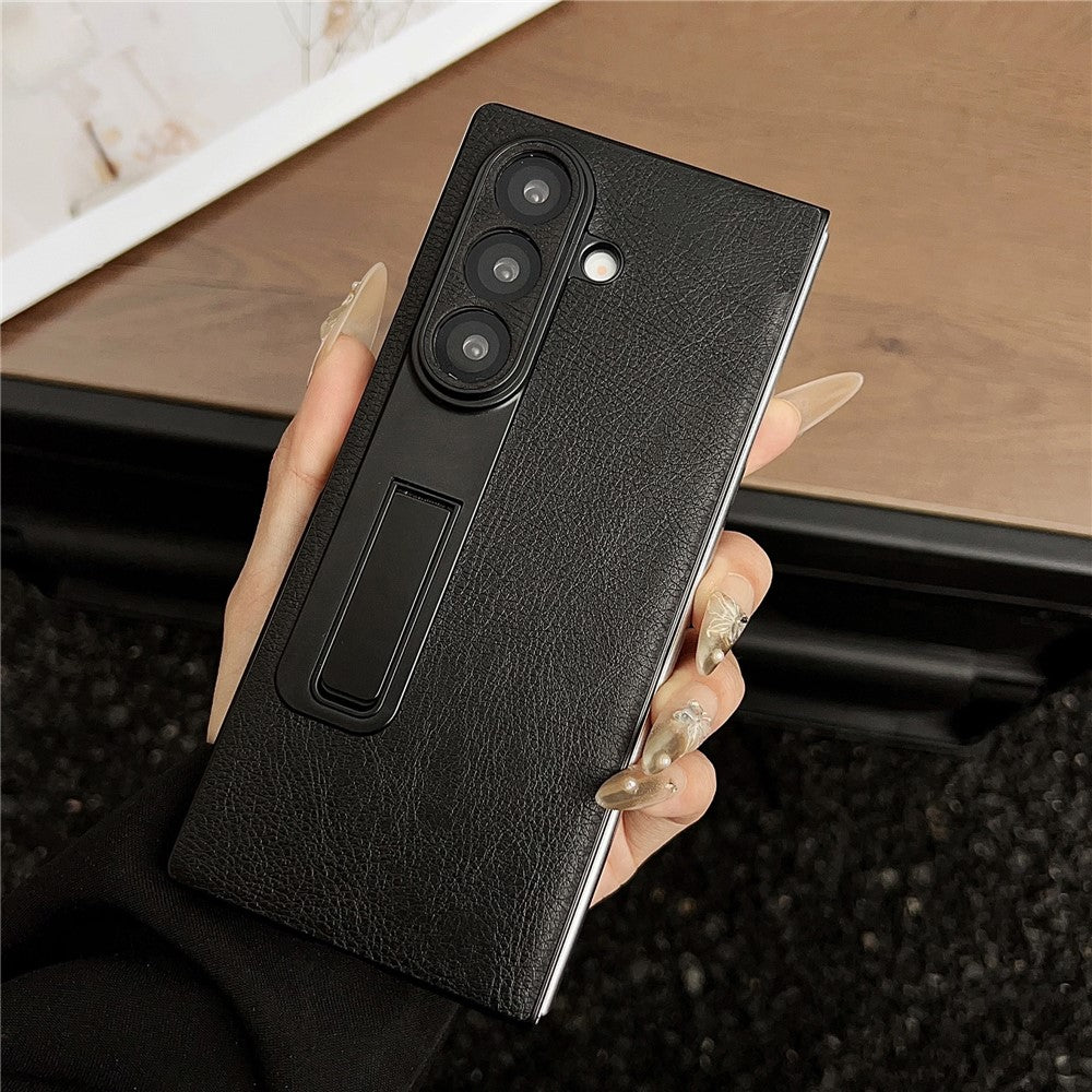 For Samsung Galaxy Z Fold7 5G Case Kickstand Leather Coated PC Folding Phone Cover - Black