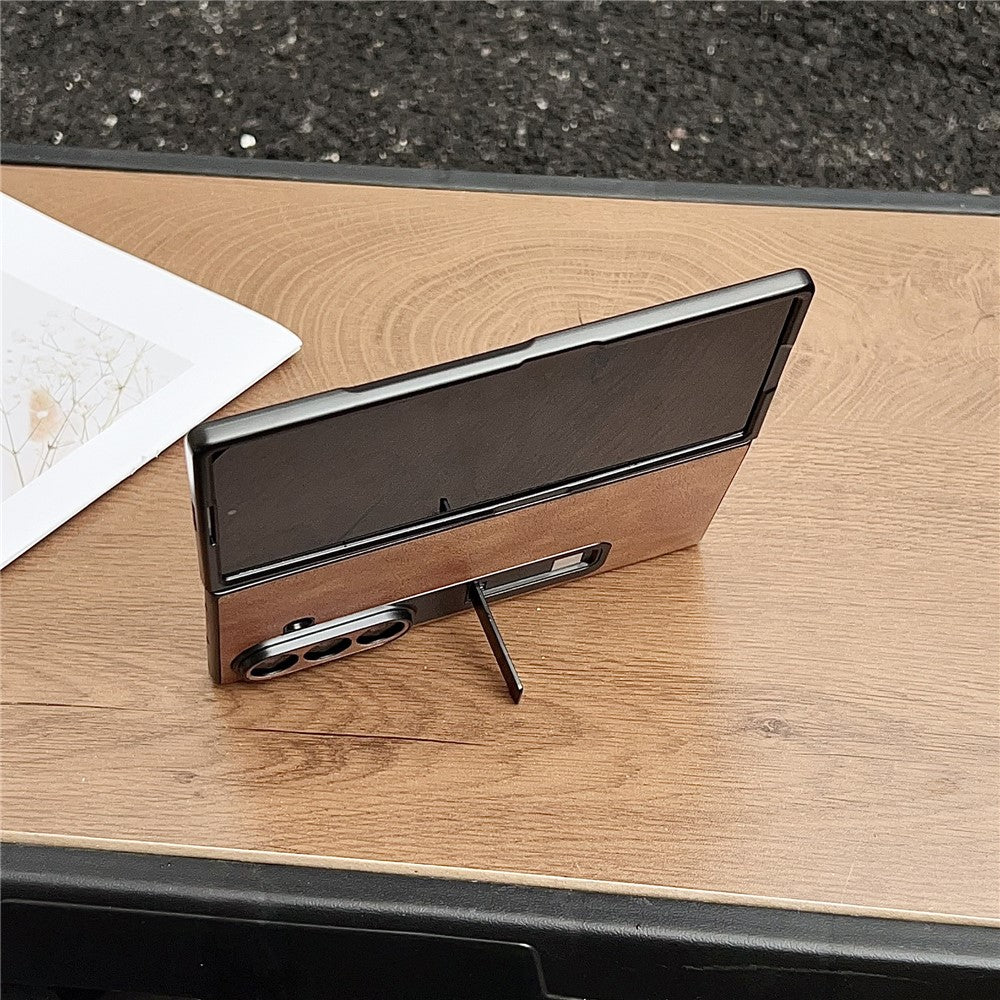 For Samsung Galaxy Z Fold7 5G Case Kickstand Leather Coated PC Folding Phone Cover - Brown