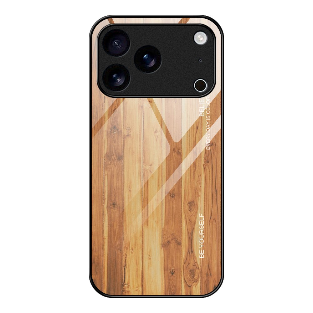 For iPhone 17 Pro Max Case TPU + Tempered Glass Back Phone Cover Wood Texture - Brown