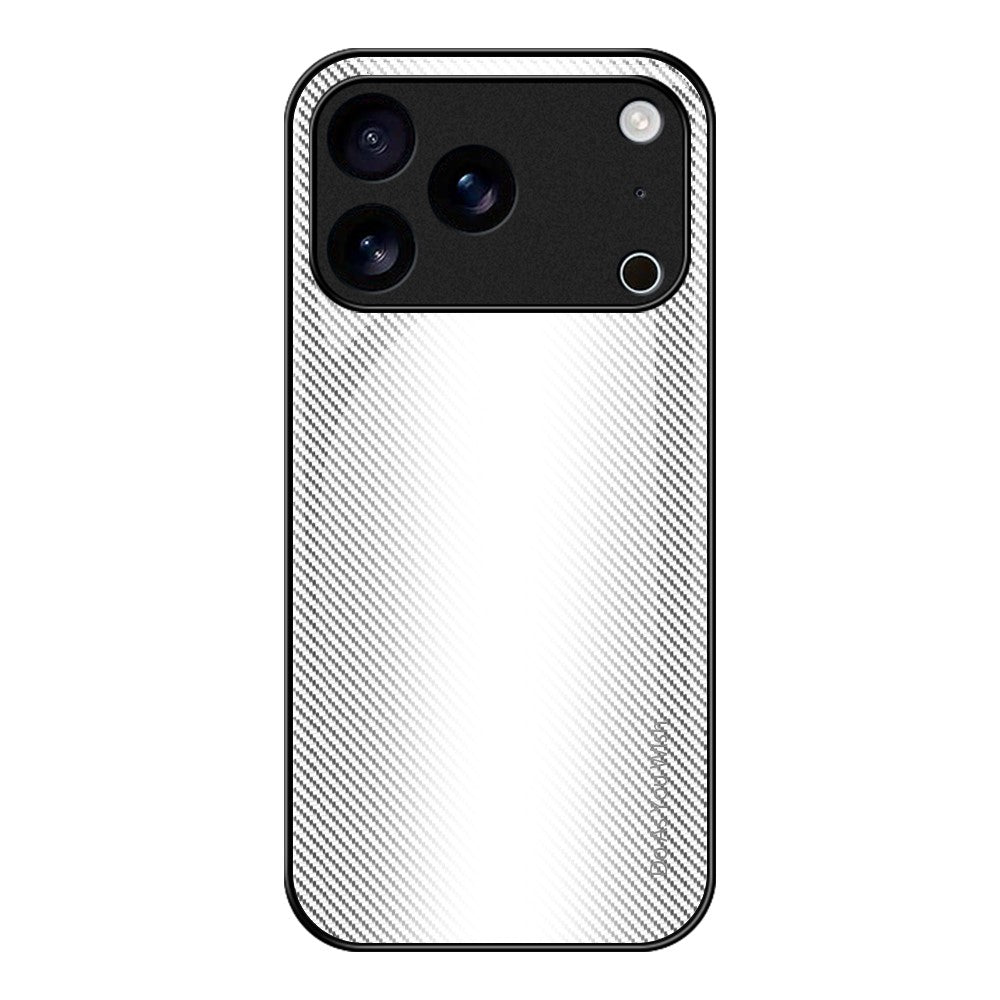 For iPhone 17 Pro Max Case Carbon Fiber Texture Tempered Glass+TPU Phone Cover - White