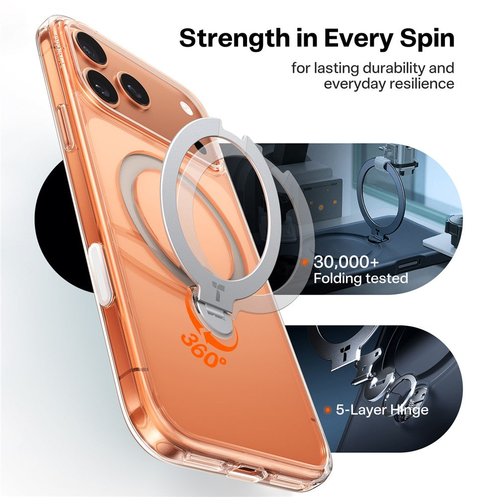 TORRAS For iPhone 17 Pro Max Case Magnetic Rotating Kickstand PC + TPU Phone Cover - Transparent