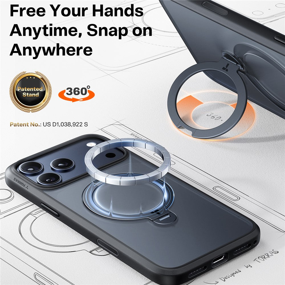 TORRAS For iPhone 17 Pro Max Case Magnetic Rotating Kickstand PC + TPU Phone Cover - Black