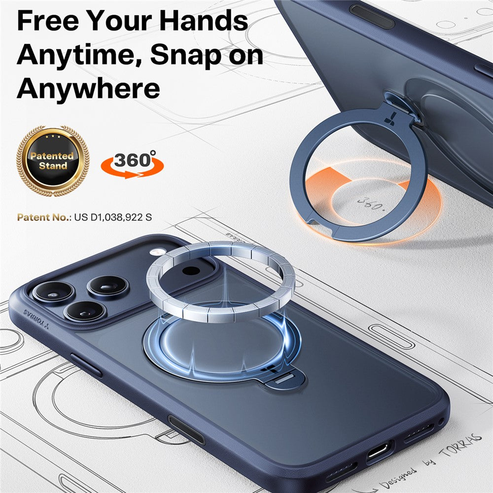 TORRAS For iPhone 17 Pro Max Case Magnetic Rotating Kickstand PC + TPU Phone Cover - Dark Blue