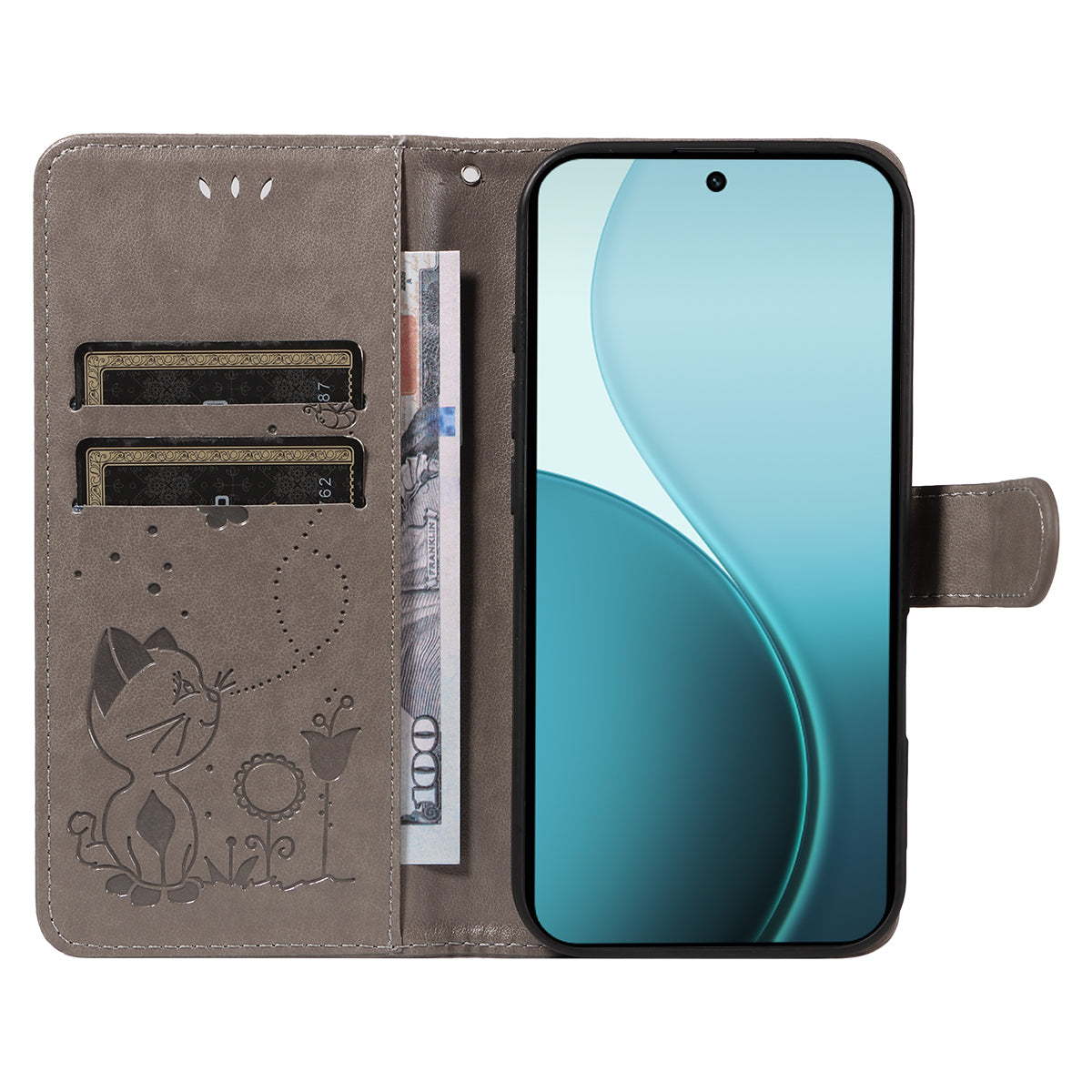 For Oppo Reno14 Pro 5G (China) / Oppo Reno14 Pro 5G (Global) Leather Wallet Case Cat Bee Pattern Phone Cover Stand - Grey