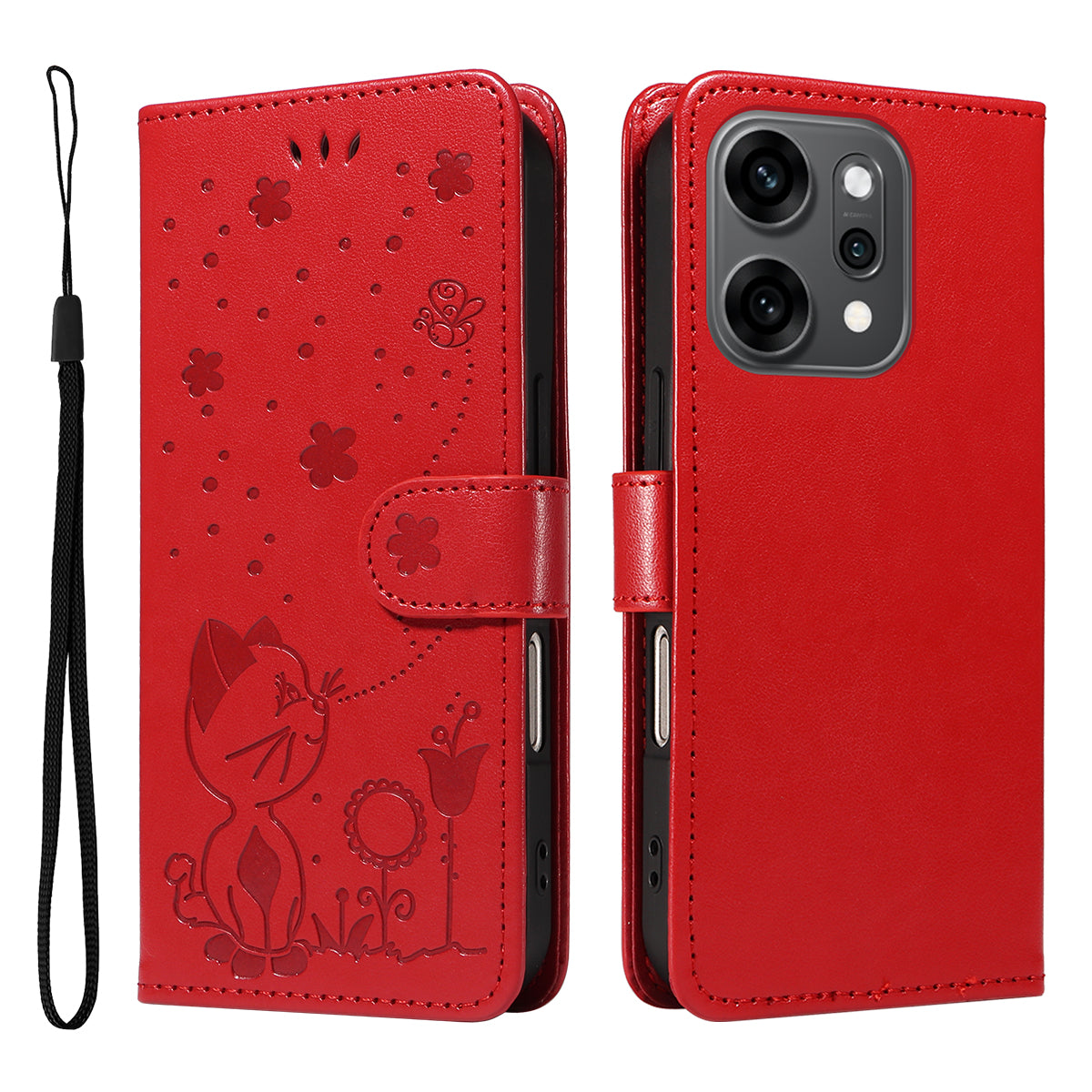 For Oppo Reno14 Pro 5G (China) / Oppo Reno14 Pro 5G (Global) Leather Wallet Case Cat Bee Pattern Phone Cover Stand - Red