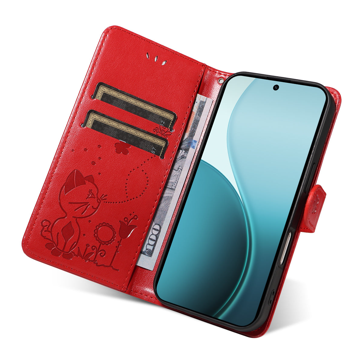 For Oppo Reno14 Pro 5G (China) / Oppo Reno14 Pro 5G (Global) Leather Wallet Case Cat Bee Pattern Phone Cover Stand - Red