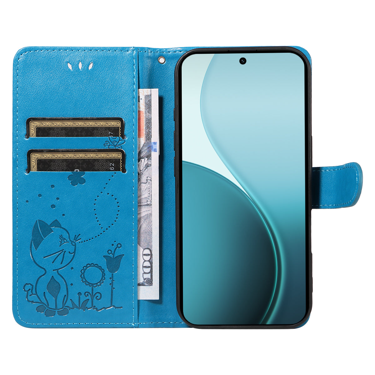 For Oppo Reno14 Pro 5G (China) / Oppo Reno14 Pro 5G (Global) Leather Wallet Case Cat Bee Pattern Phone Cover Stand - Blue