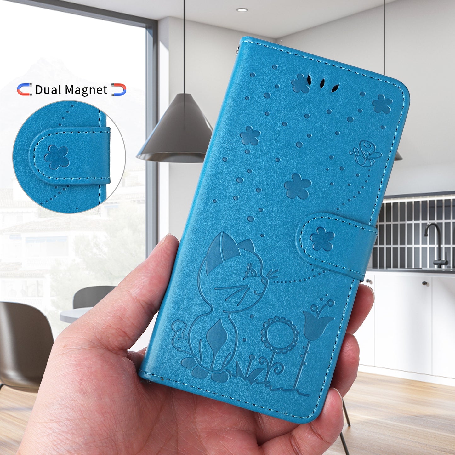 For Oppo Reno14 Pro 5G (China) / Oppo Reno14 Pro 5G (Global) Leather Wallet Case Cat Bee Pattern Phone Cover Stand - Blue