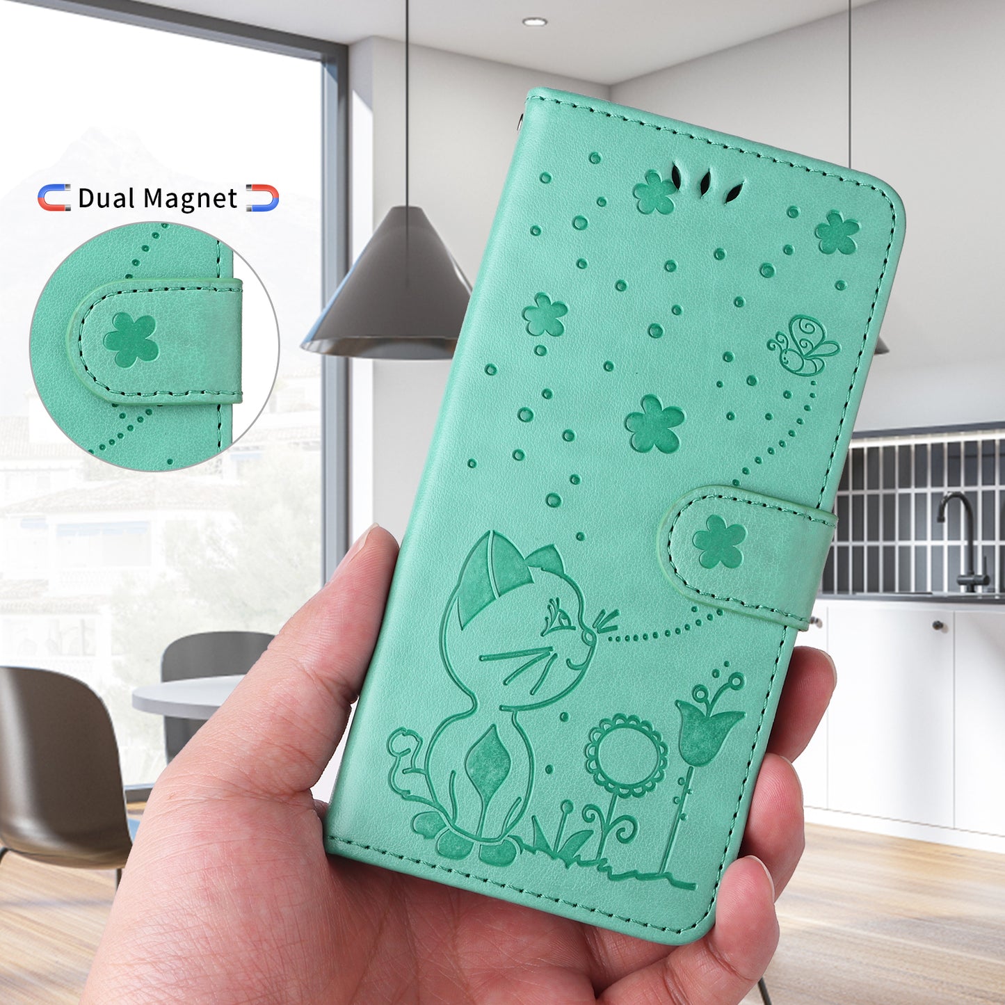 For Oppo Reno14 Pro 5G (China) / Oppo Reno14 Pro 5G (Global) Leather Wallet Case Cat Bee Pattern Phone Cover Stand - Green