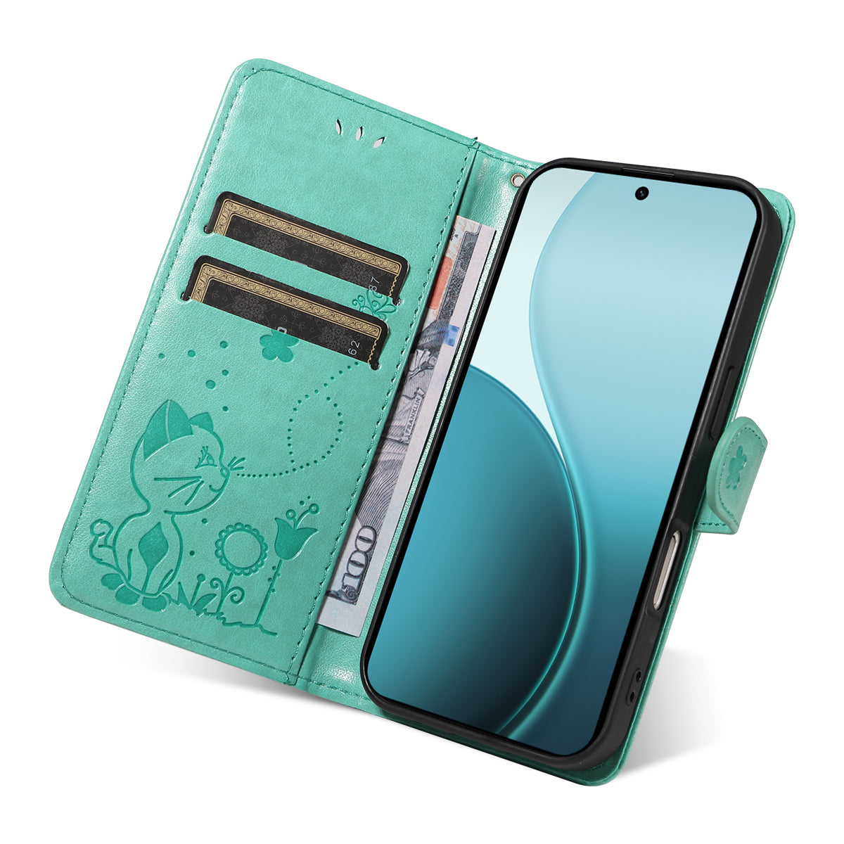 For Oppo Reno14 Pro 5G (China) / Oppo Reno14 Pro 5G (Global) Leather Wallet Case Cat Bee Pattern Phone Cover Stand - Green