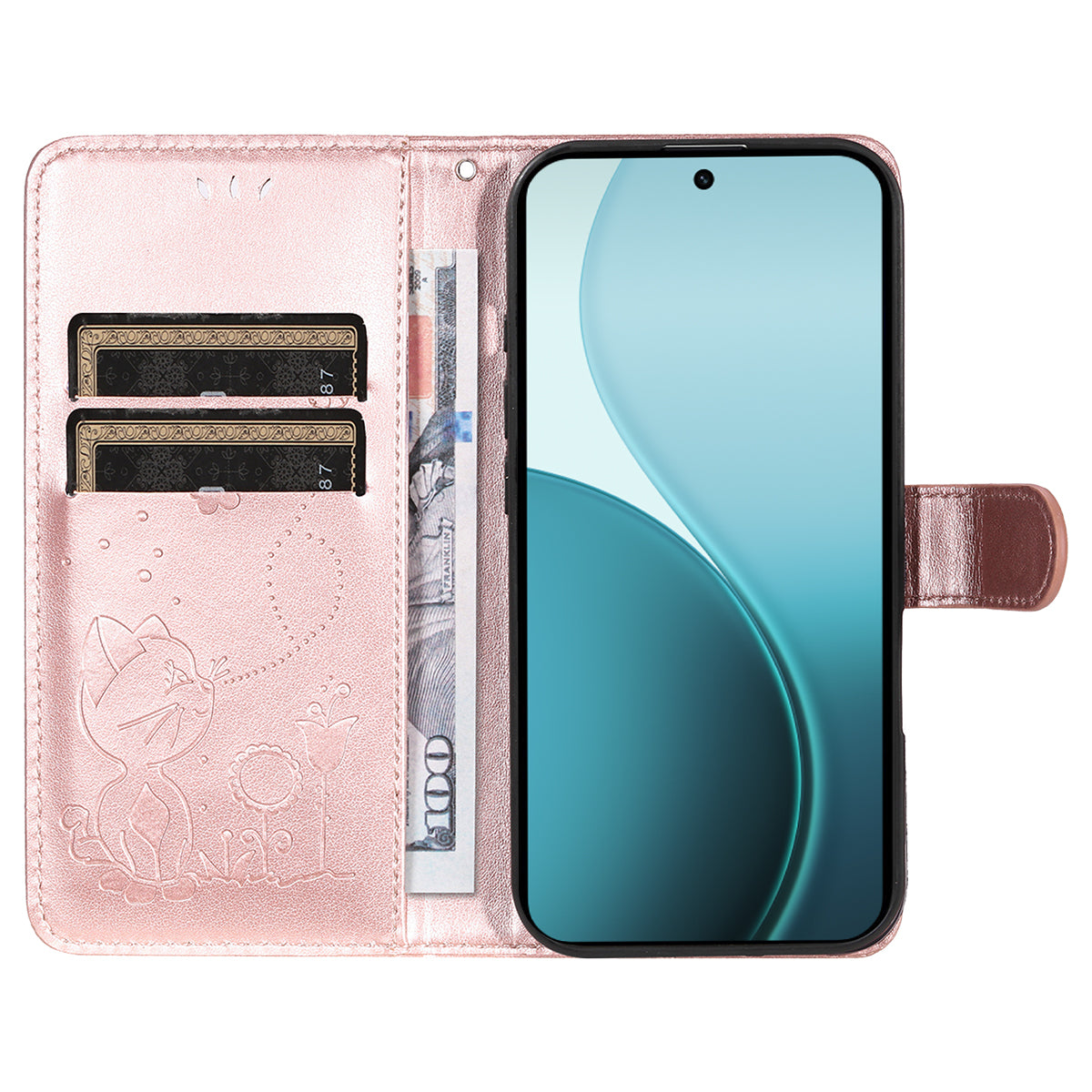 For Oppo Reno14 Pro 5G (China) / Oppo Reno14 Pro 5G (Global) Leather Wallet Case Cat Bee Pattern Phone Cover Stand - Rose Gold