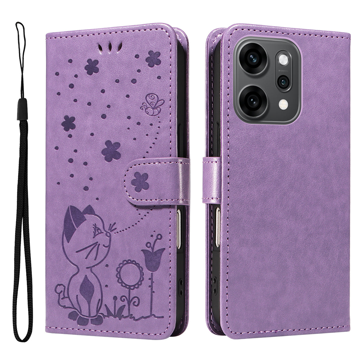 For Oppo Reno14 Pro 5G (China) / Oppo Reno14 Pro 5G (Global) Leather Wallet Case Cat Bee Pattern Phone Cover Stand - Purple
