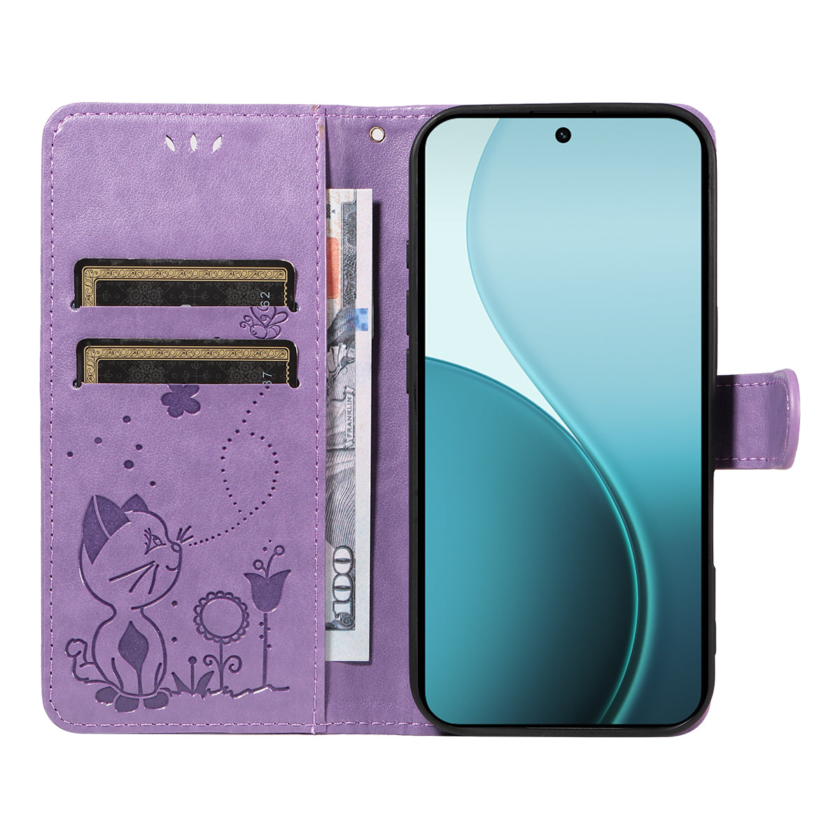 For Oppo Reno14 Pro 5G (China) / Oppo Reno14 Pro 5G (Global) Leather Wallet Case Cat Bee Pattern Phone Cover Stand - Purple