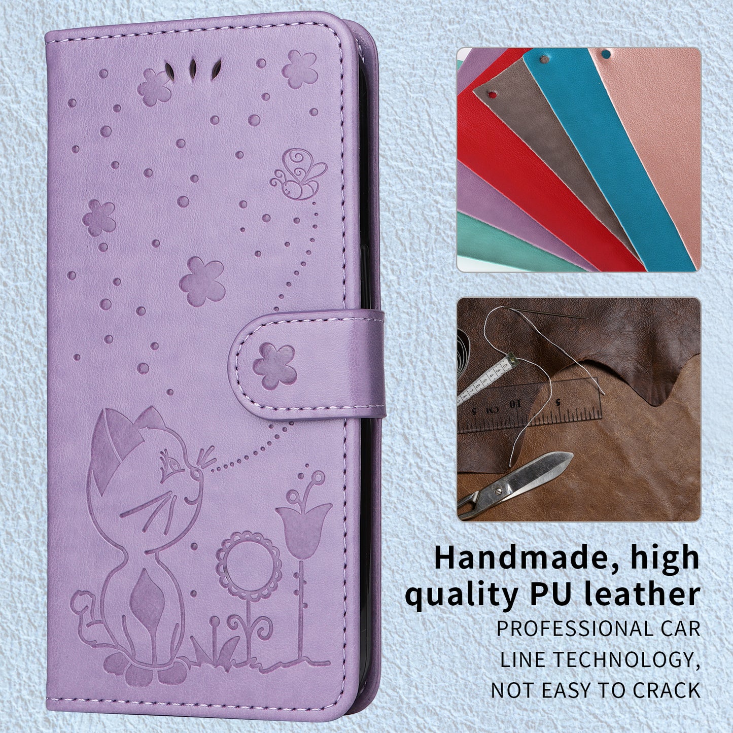 For Oppo Reno14 Pro 5G (China) / Oppo Reno14 Pro 5G (Global) Leather Wallet Case Cat Bee Pattern Phone Cover Stand - Purple