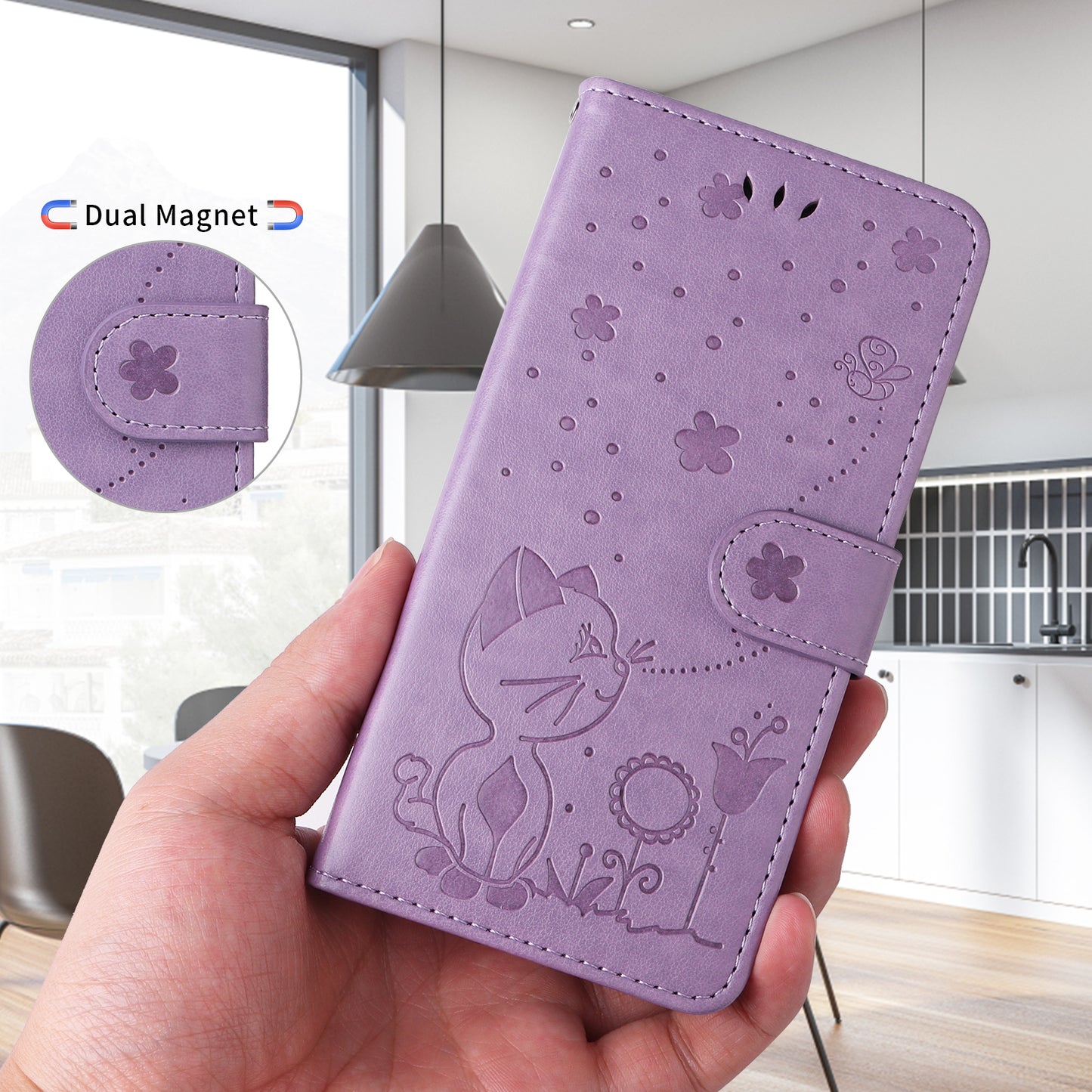 For Oppo Reno14 Pro 5G (China) / Oppo Reno14 Pro 5G (Global) Leather Wallet Case Cat Bee Pattern Phone Cover Stand - Purple