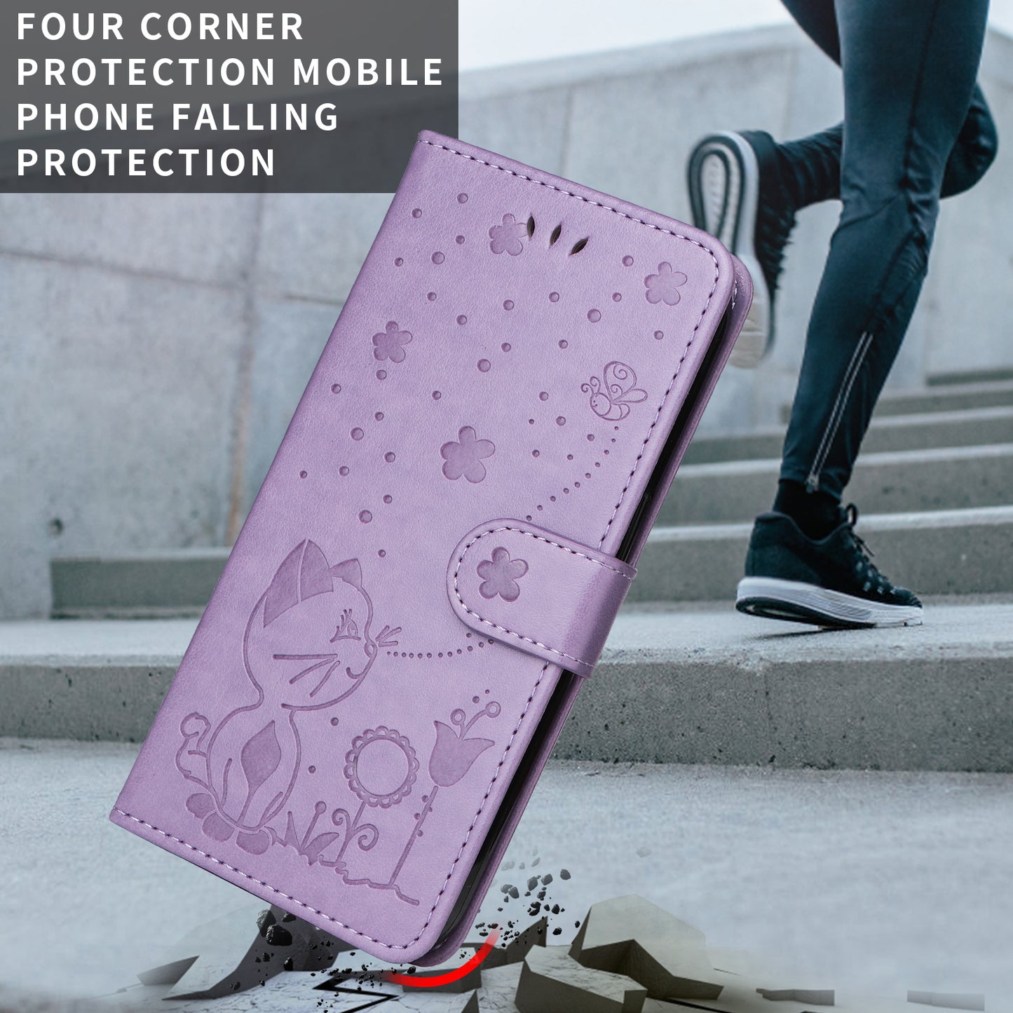 For Oppo Reno14 Pro 5G (China) / Oppo Reno14 Pro 5G (Global) Leather Wallet Case Cat Bee Pattern Phone Cover Stand - Purple