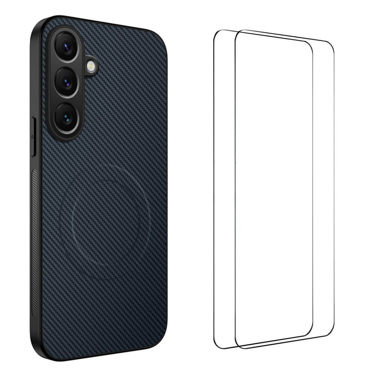 For Samsung Galaxy A17 5G Magnetic Case WANLONFENG TQ1 Series Carbon Fiber Texture PC TPU Phone Cover with 2Pcs Screen Films - Sapphire