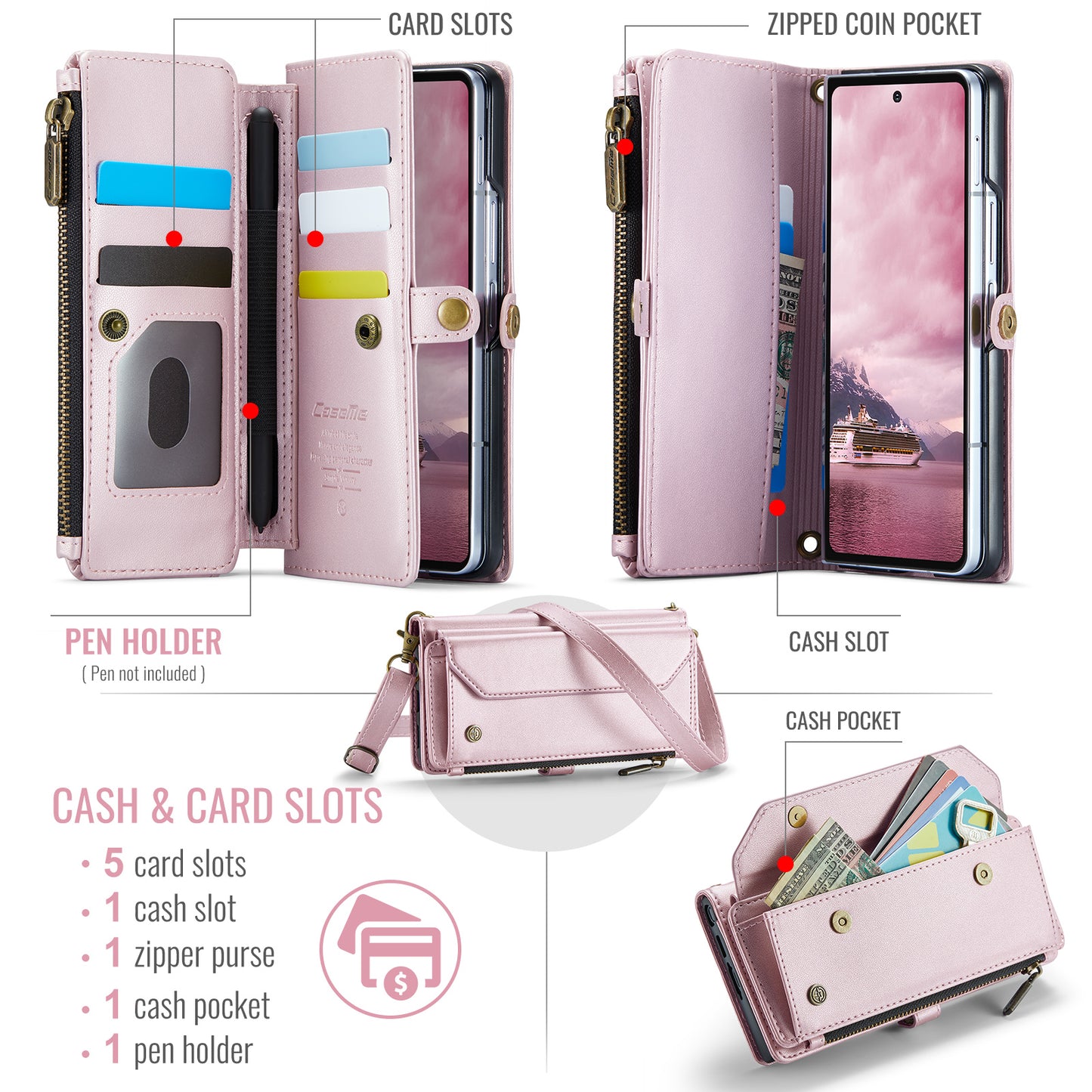For Samsung Galaxy Z Fold7 5G Leather Case CASEME C36 Zipper 10 Card Slots Phone Cover with Straps - Pink