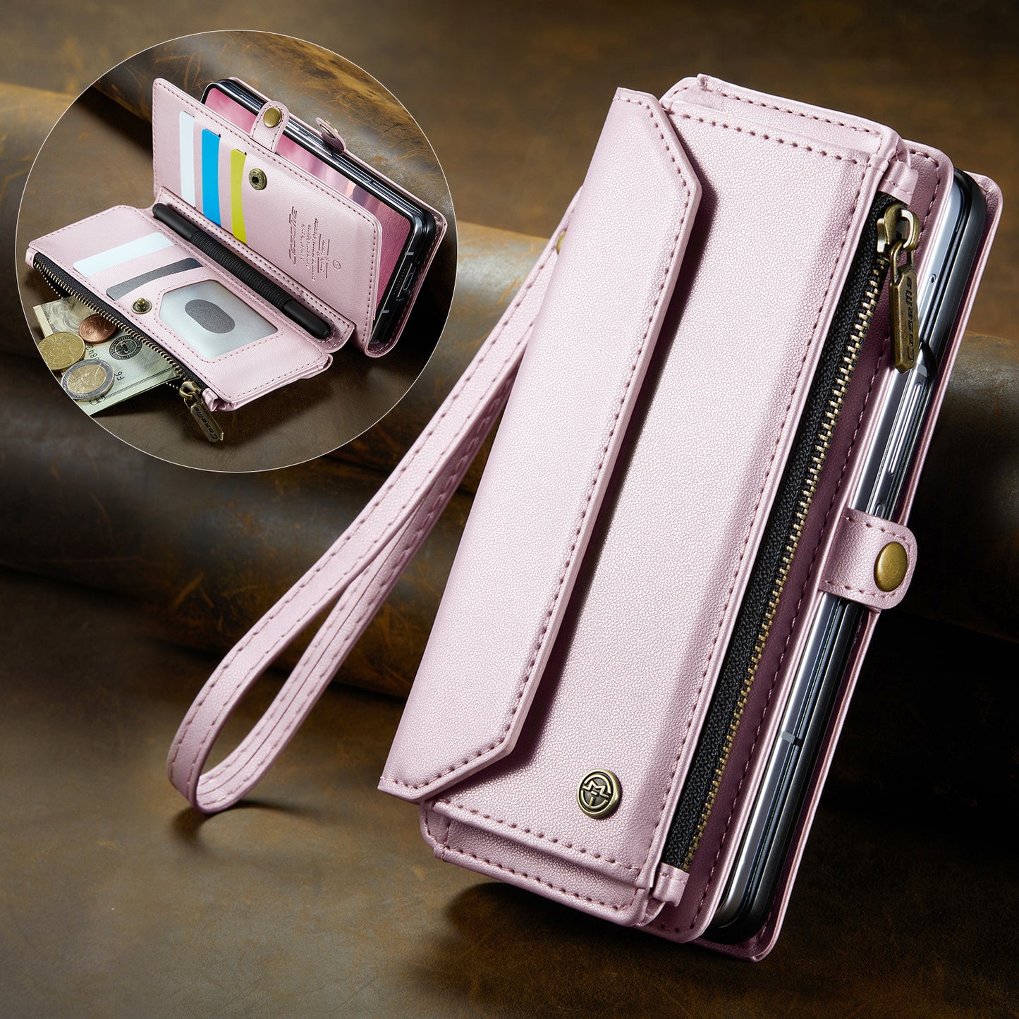 For Samsung Galaxy Z Fold7 5G Leather Case CASEME C36 Zipper 10 Card Slots Phone Cover with Straps - Pink