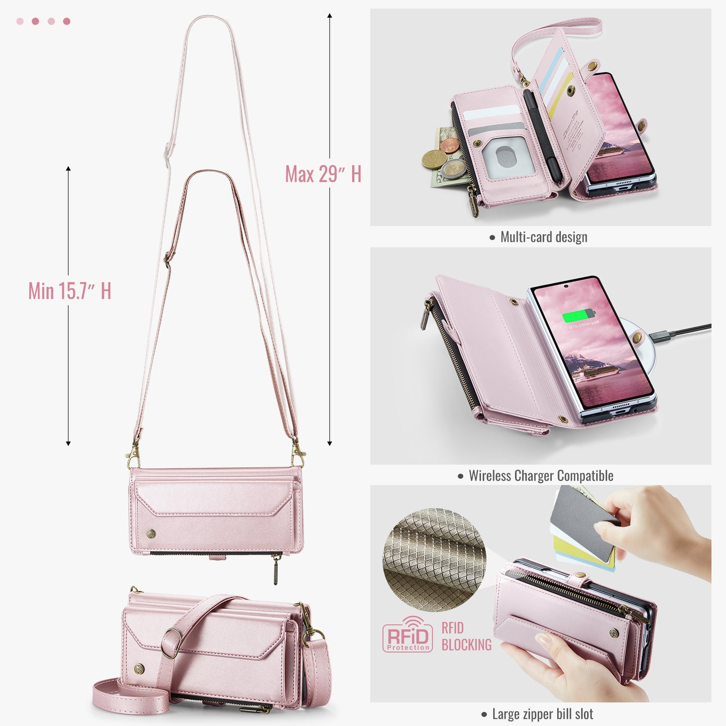 For Samsung Galaxy Z Fold7 5G Leather Case CASEME C36 Zipper 10 Card Slots Phone Cover with Straps - Pink