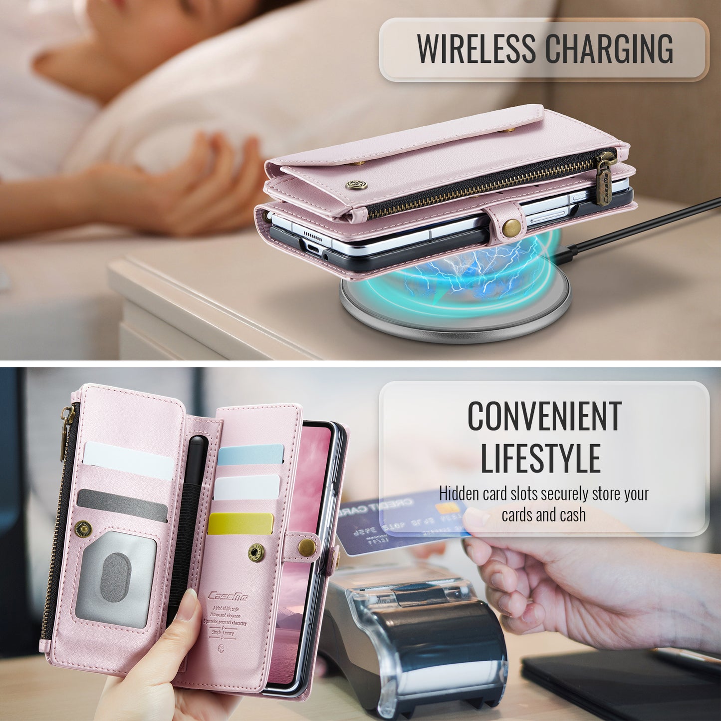 For Samsung Galaxy Z Fold7 5G Leather Case CASEME C36 Zipper 10 Card Slots Phone Cover with Straps - Pink