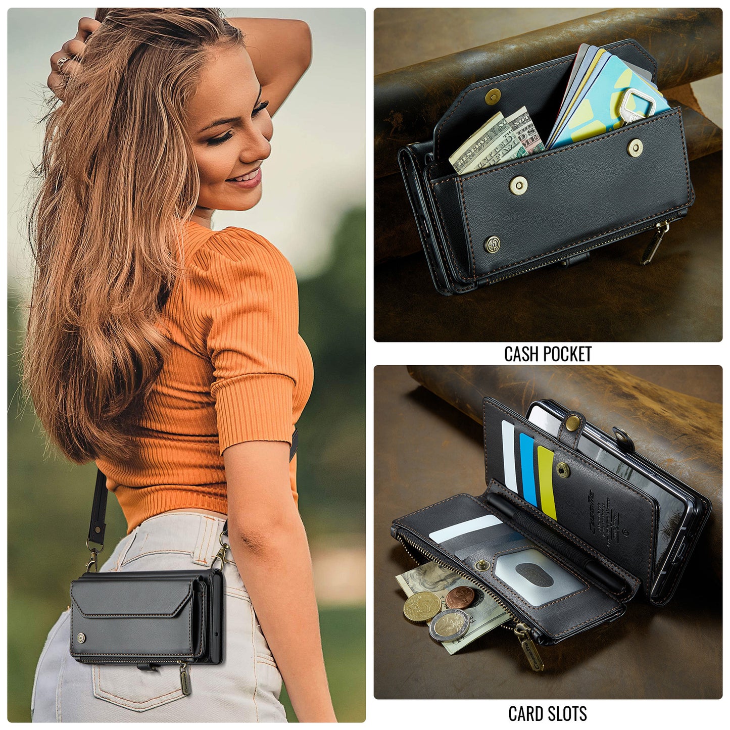 For Samsung Galaxy Z Fold7 5G Leather Case CASEME C36 Zipper 10 Card Slots Phone Cover with Straps - Black