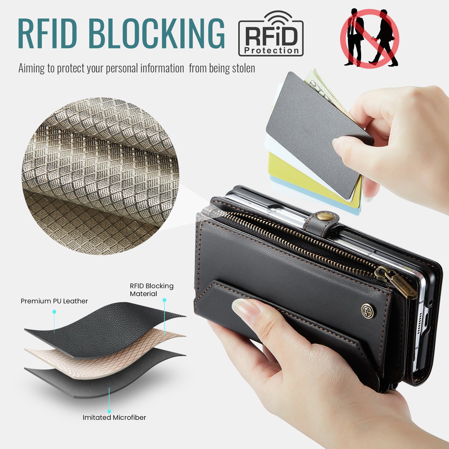 For Samsung Galaxy Z Fold7 5G Leather Case CASEME C36 Zipper 10 Card Slots Phone Cover with Straps - Black