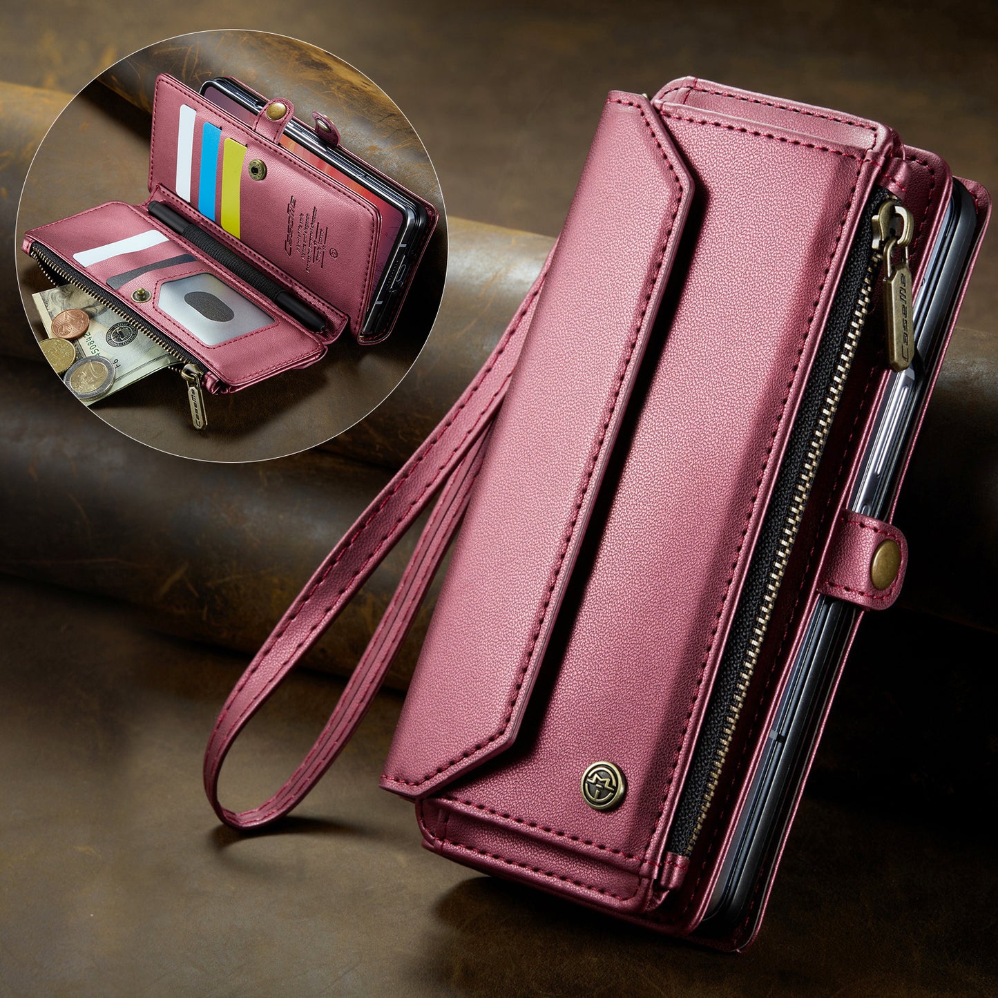 For Samsung Galaxy Z Fold7 5G Leather Case CASEME C36 Zipper 10 Card Slots Phone Cover with Straps - Red