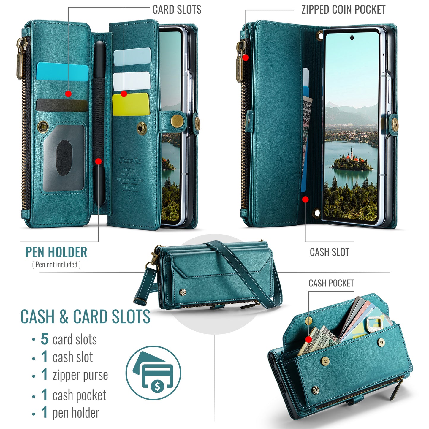 For Samsung Galaxy Z Fold7 5G Leather Case CASEME C36 Zipper 10 Card Slots Phone Cover with Straps - Green