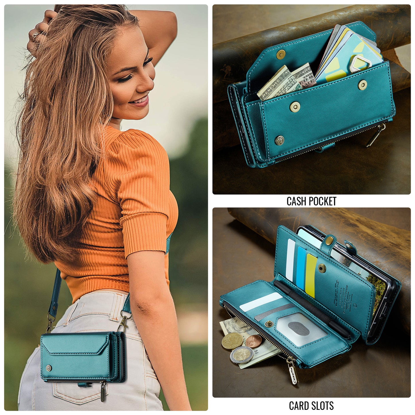 For Samsung Galaxy Z Fold7 5G Leather Case CASEME C36 Zipper 10 Card Slots Phone Cover with Straps - Green